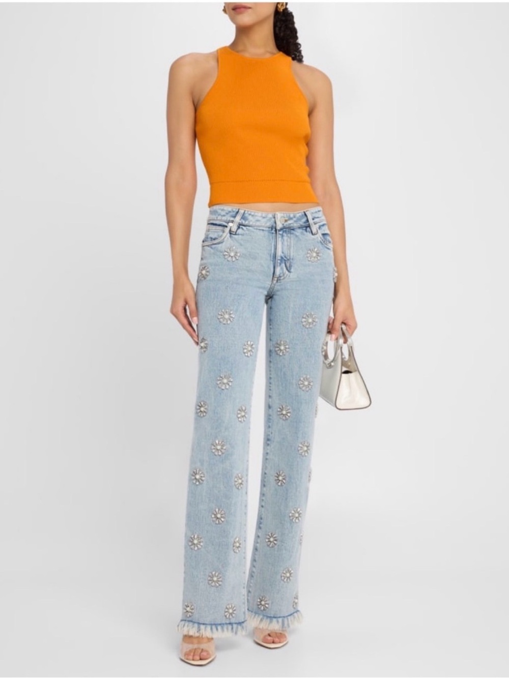 Brand new Alice + Olivia Roxie Embellished Jean hemmed altered size 29 Saks bag
